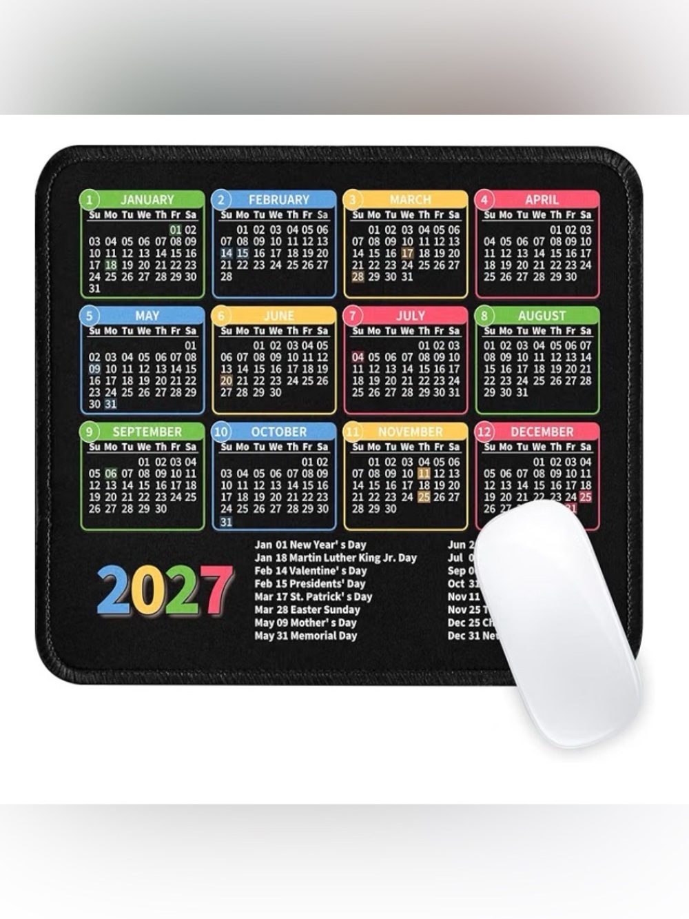 2027 Desk Mouse Pad Calendar Mat - Black